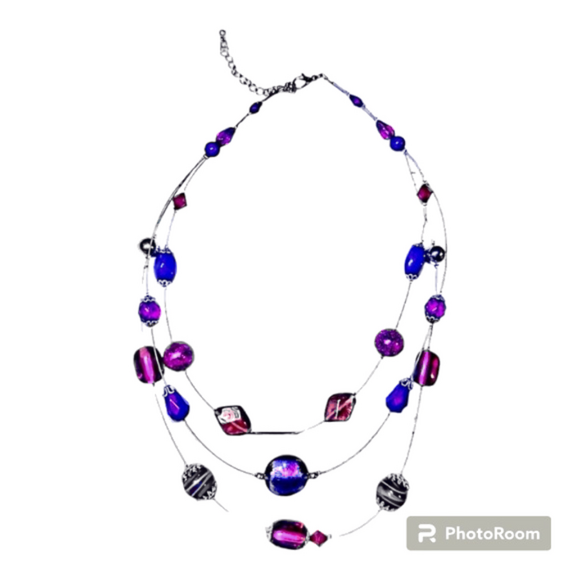 Fashion three-strand necklace with colorful beads silver-tone Pre-owned jewelry - Picture 1 of 8